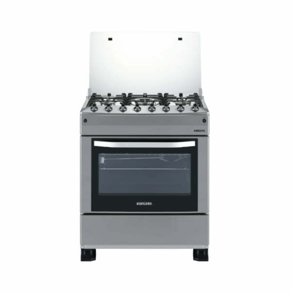 BRUHM GAS COOKER BGC-8650SS 76X60, 5 BURNERS, FULL STAINLESS STEEL COLOR,POOL SYSTEM,GAS OVEN WITH UP AND DOWN BURNERS ,AUTO IGNITION,GLASS TOP LID,DOUBLE GLASS OVEN