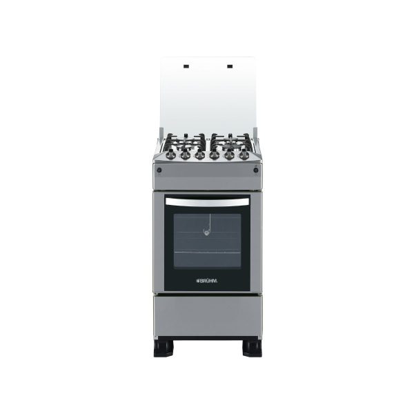 BRUHM GAS COOKER 50X60, 4 BURNERS, FULL STAINLESS STEEL COLOR,PIPE SYSTEM, AUTO IGNITION,GLASS TOP LID, BGC-5640SS