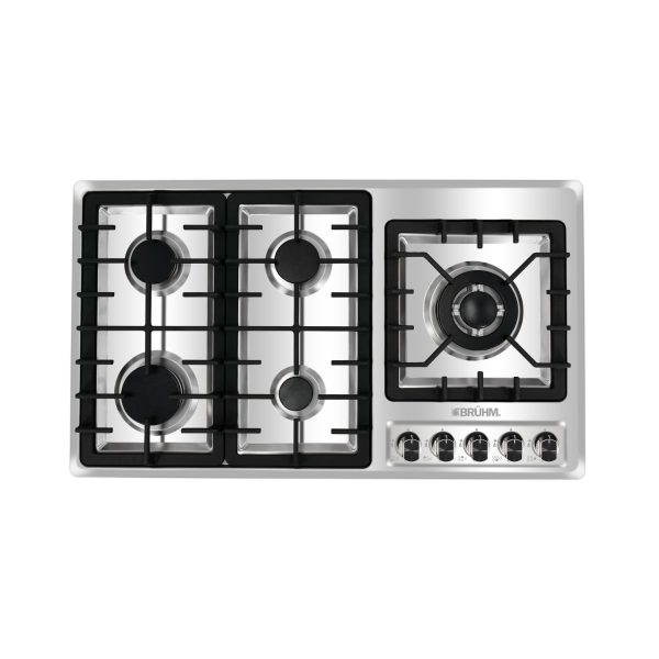 BRUHM GAS COOKER HOB 60*50 ,5 BURNERS, BLACK GLASS TOP, POOL SYSTEM WITH FFD,CAST IRON PAN SUPPORT,AUTO IGNITION – BGH-9650FI